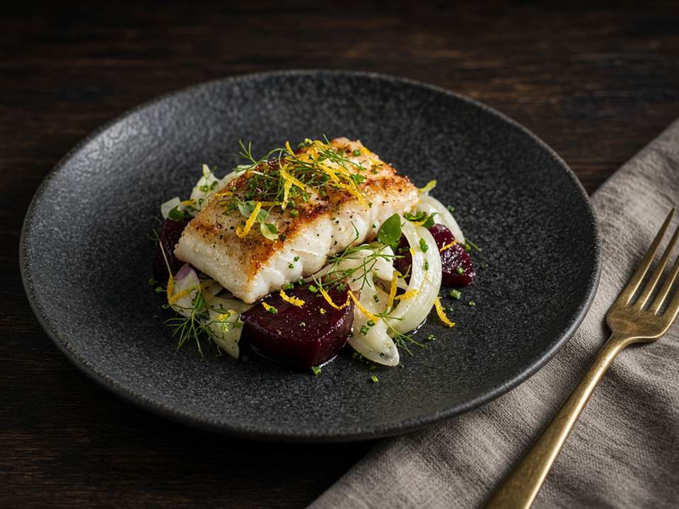 Filet de lieu jaune, betterave fumée et fenouil, dressés sur une assiette sombre.