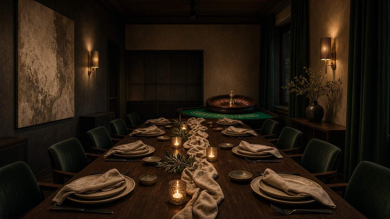 Salon privé dressé pour un dîner, avec une roulette au fond de la salle.